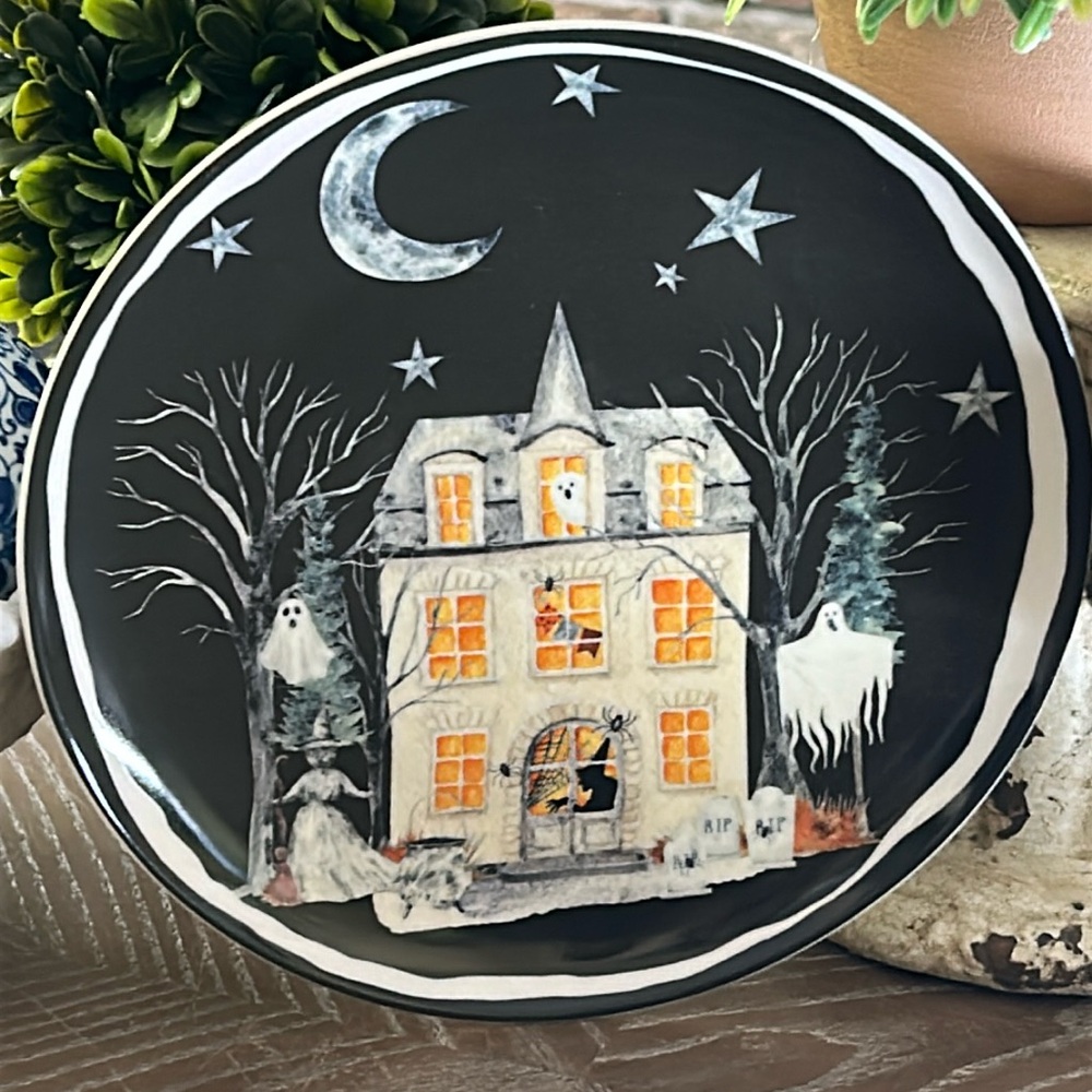 NEW! Halloween Gothic Witch & Ghost Haunted House Ceramic Serving Dish Tray